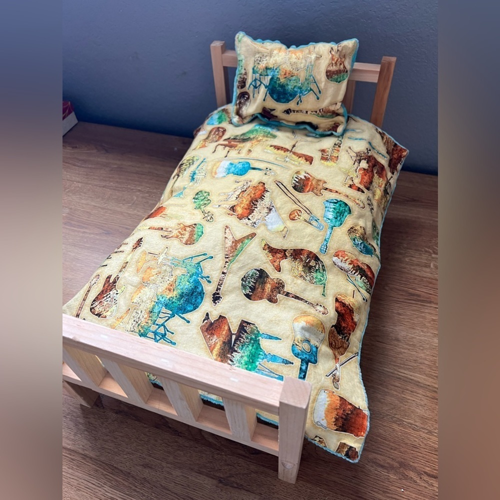 American Girl Doll Mattress Doll Bed Frame Country Guitars Quilt & Pillow Teal